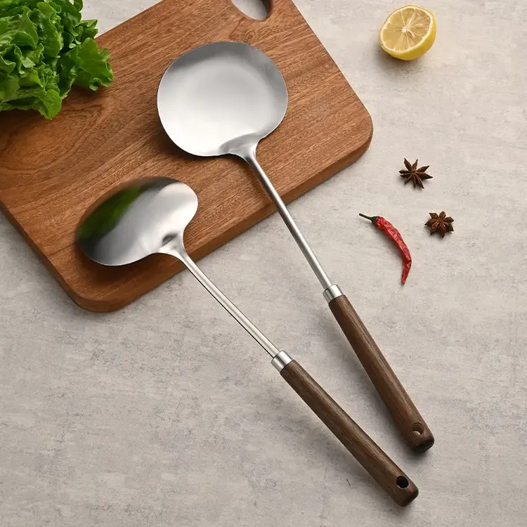 不锈钢复古实木蘑菇铲长柄炒菜勺厨房贵州炒勺汤勺家用厨具铲子商品图