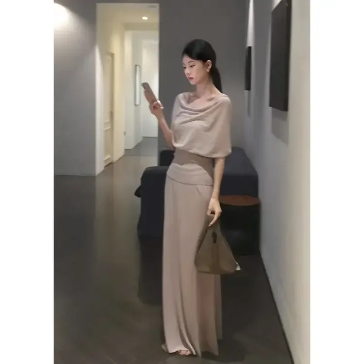 清冷贵气感穿搭气质miu系高知一字肩杏色上衣高腰半身裙套装女夏