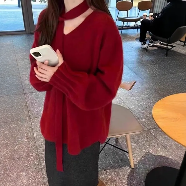 高级感宽松新年红色飘带v领毛衣女秋冬季慵懒风遮屁股针织衫上衣