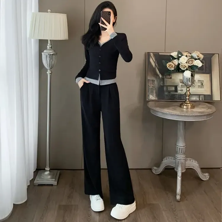 几木小个子流行时尚套装2025春季新款领修身黑色上衣休闲两件套女