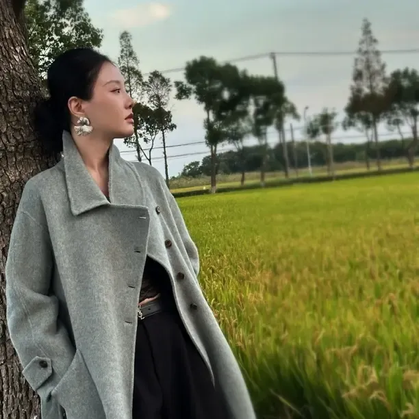 新款斜扣双面羊毛大衣系带气质百搭