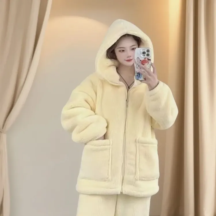 连帽复合双层加绒加厚冬季保暖韩版时尚可外穿家居服套装