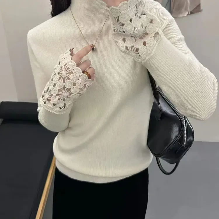 半高领毛衣女秋冬新款袖口拼接蕾丝修身显瘦内搭针织打底衫上衣