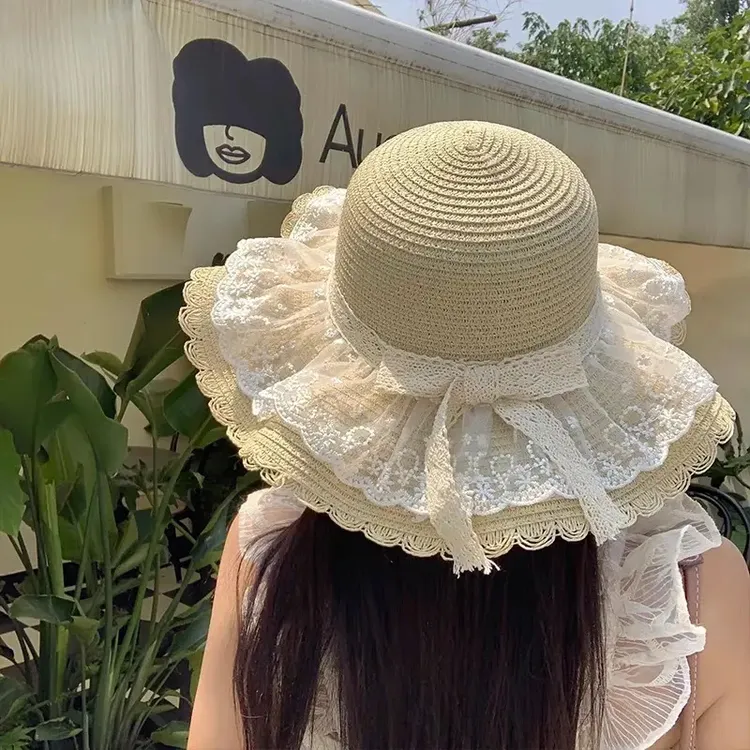 夏季海边沙滩户外草帽蕾丝蝴蝶结遮阳防晒帽防紫外线太阳草帽子女