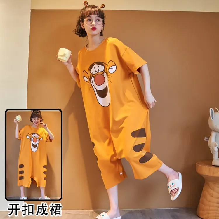 可外穿连体睡衣女夏季可爱马里奥胖MM家居服孕妇大码宽松睡裙