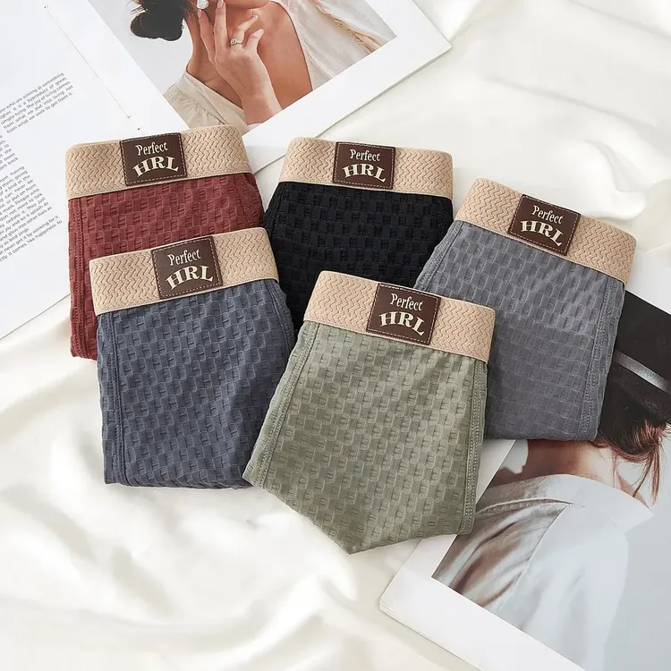 夏季冰丝男士内裤薄款凉感透气四角格纹提花中腰男款透气平角短裤