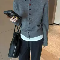 韩系复古灰色高领毛衣开衫女秋冬彩色设计感慵懒风翻领针织衫上衣