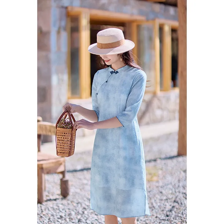 红念浅蓝色新中式改良旗袍连衣裙女春装2025年新款气质优雅长裙子