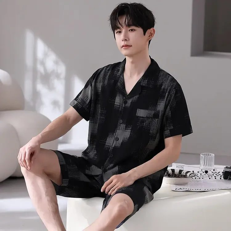 爆款休闲冰丝清凉夏季男士睡衣短袖出门可外穿家居服-23114抽象格