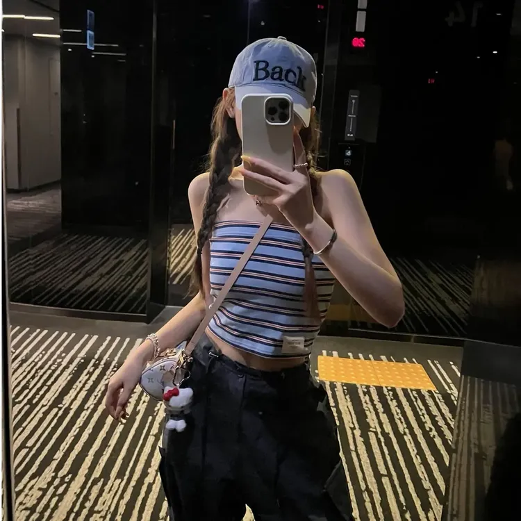 撞色条纹性感美背抹胸背心女夏季修身内搭无袖设计感辣妹上衣外穿