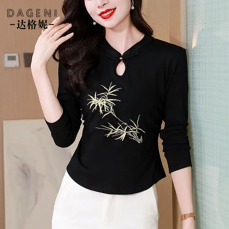 新中式国风上衣修身显瘦小衫2024秋季新款旗袍领盘扣复古长袖t恤