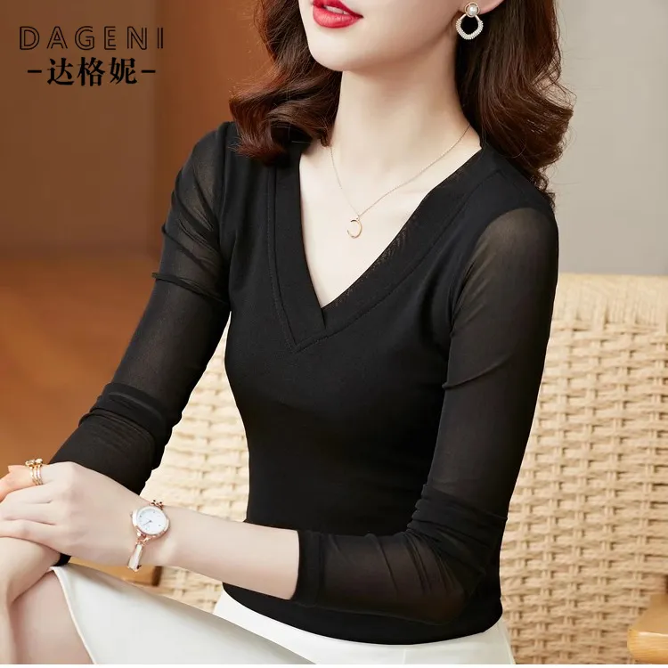 V领黑色网纱打底衫女内搭春秋2025年新款洋气小衫长袖t恤蕾丝上衣