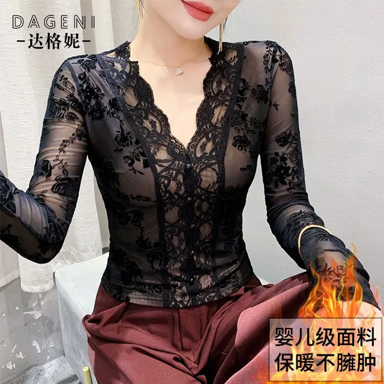 常规/加绒V领高领蕾丝打底衫女内搭秋冬款设计感加绒加厚长袖上衣