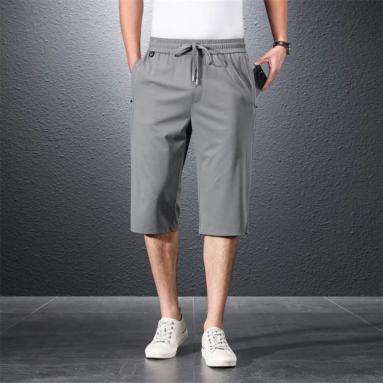 男士夏季薄款2023桑蚕丝七分裤男宽松大码休闲中裤直筒短裤天丝