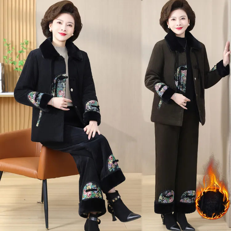妈妈冬装加绒加厚两件套新款民族风外套中老年女秋冬休闲复古上衣