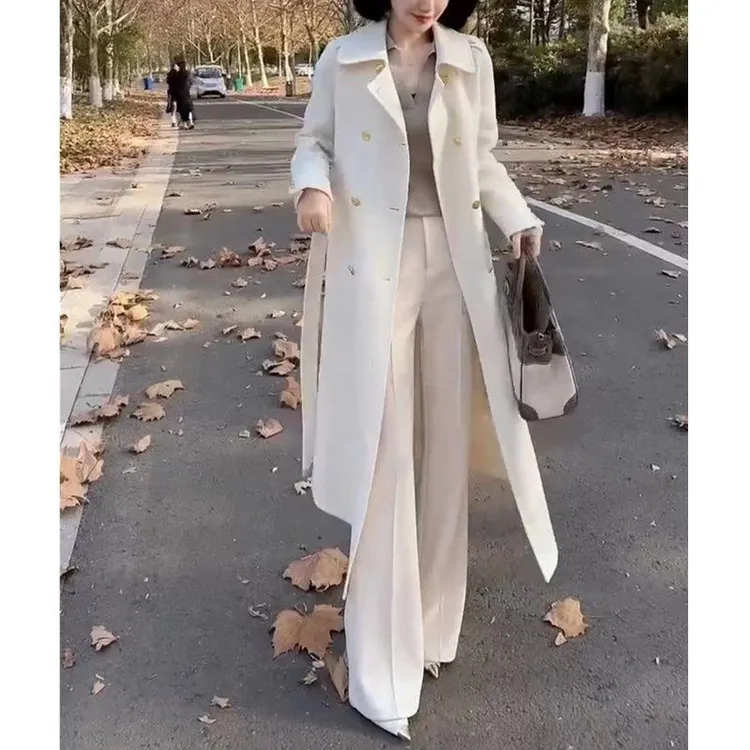 新款韩版翻领纯色时尚长款外套高腰阔腿裤女