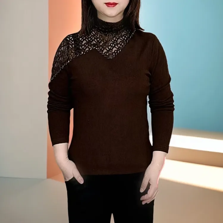 时尚洋气双面绒保暖蕾丝镂空串珠显瘦减龄百搭打底衫高贵气质上衣