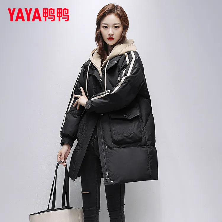 YAYA/鸭鸭假两件羽绒服女冬季中长款2024新款宽松设计感黑色外套