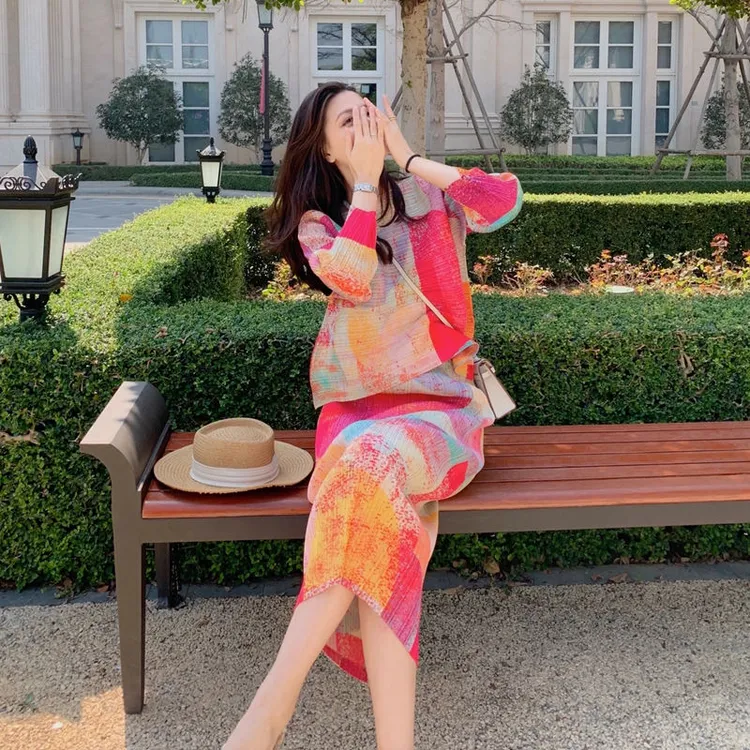 三宅褶皱套装裙高端女装高级感花印连衣裙两件套装2025新款128#
