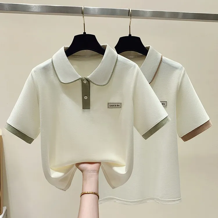 1618实拍短款校园风拼色polo领短袖简约T恤显瘦常规套头短袖减龄