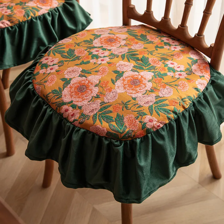 美式餐椅垫轻奢座垫马蹄形坐垫荷叶边印花装饰可拆洗桌椅四季通用