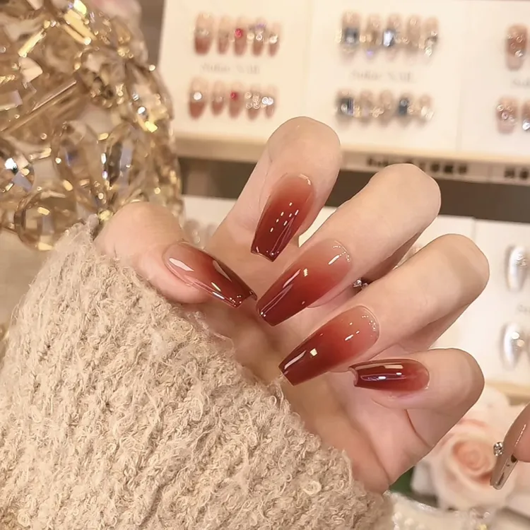 【安可红茶1】长椭圆纯欲华妃摸脸渐变美甲贴片手穿戴甲简约指甲贴