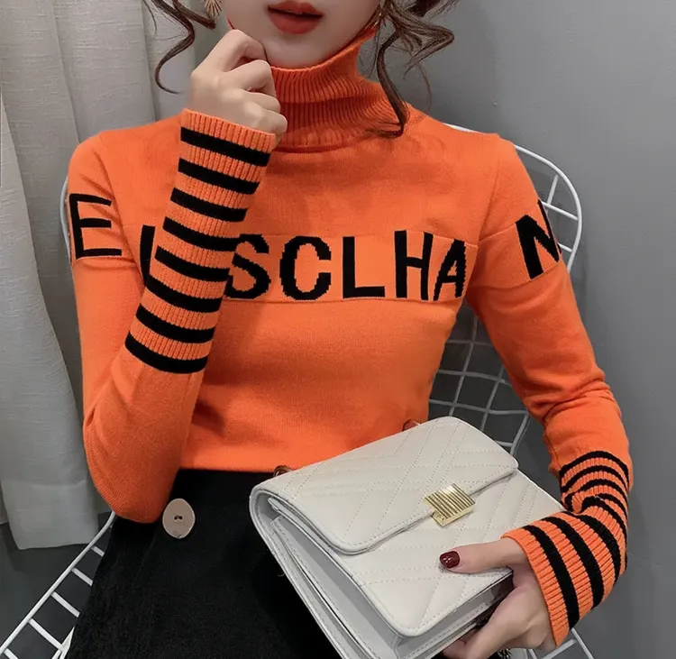 欧货字母刺绣高领毛衣打底衫2024秋冬洋气套头针织上衣