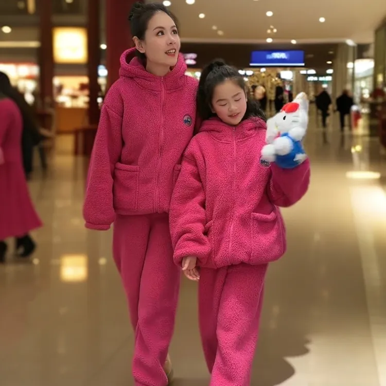 爱尔萱【品牌正品】摇粒绒锁温保暖家居服睡衣套装冬季亲子装情侣装
