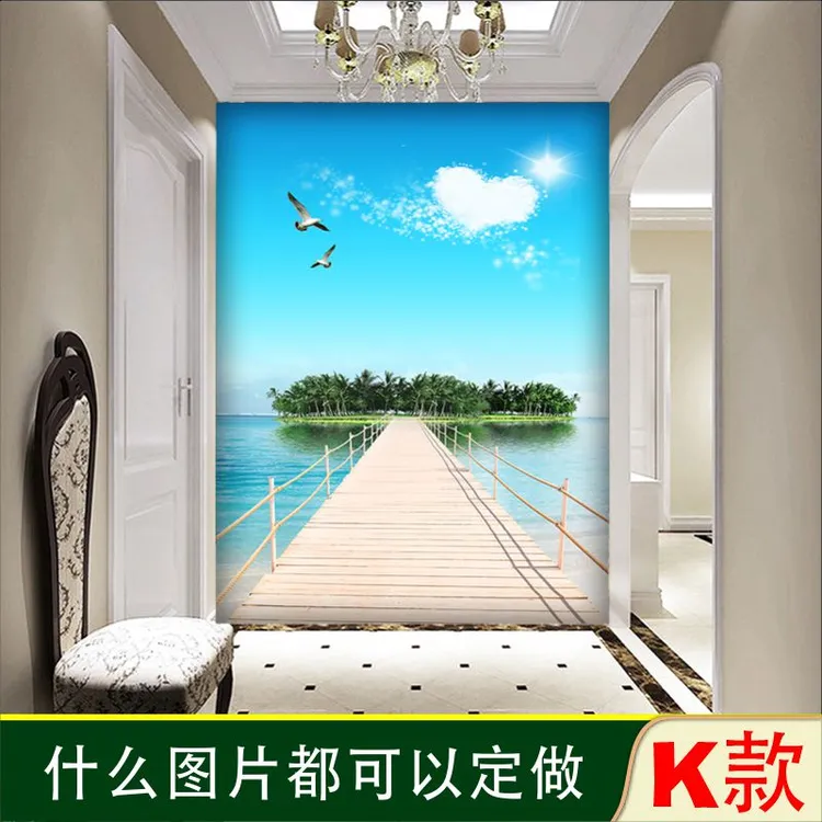 玄关屏风装饰3d壁画入户走廊过道竖版墙纸正对门山水大海风景壁布
