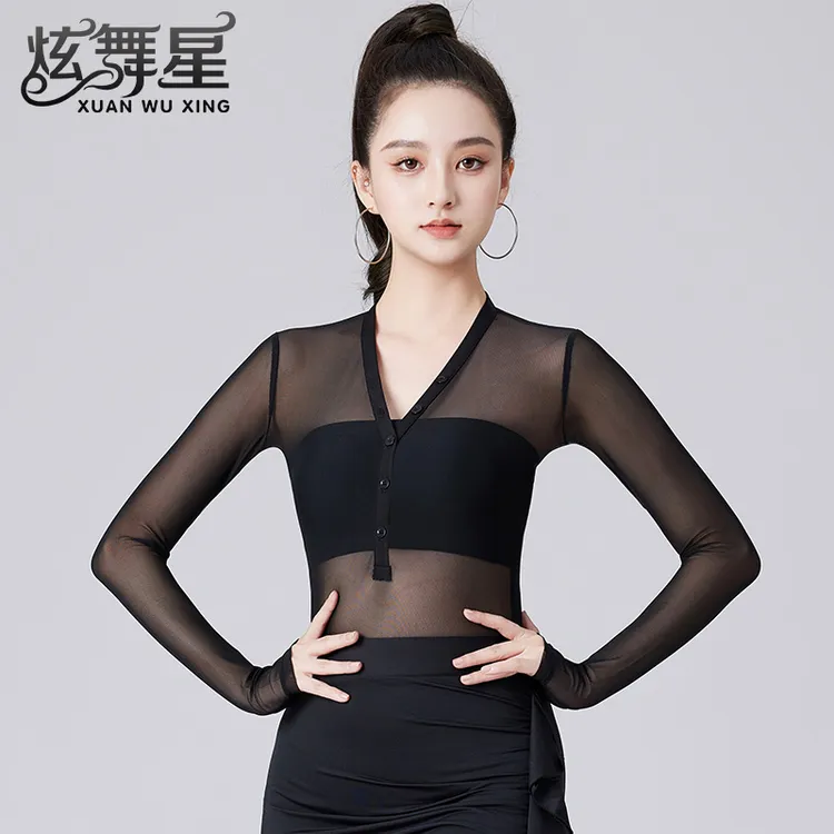 国标舞上衣女新款长袖网纱形体训练服网红跳舞服装夏季拉丁舞蹈服