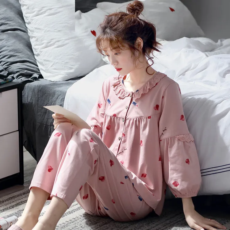 100%纯棉睡衣女春秋季宽松韩版甜美可爱可外穿女士家居服套装春夏