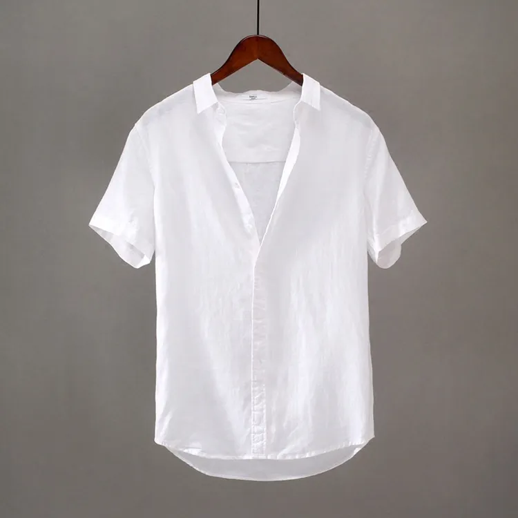 夏季薄款短袖纯亚麻衬衫男纯色翻领休闲衬衣宽松柔软全麻料小清新