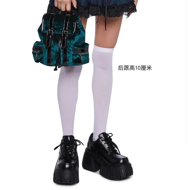 超高粗跟厚底系带单鞋女秋新款真皮松糕圆头矮子乐福增高小皮鞋女