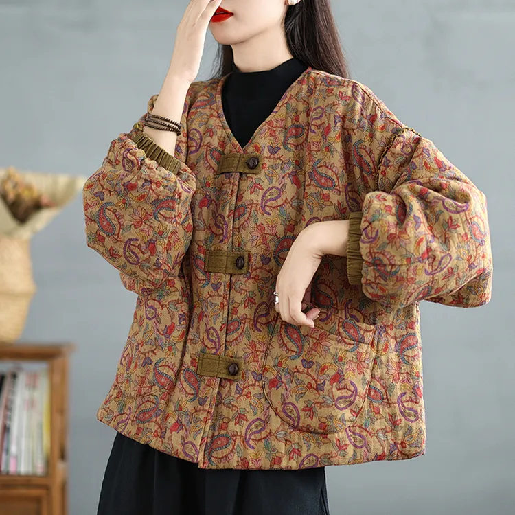 复古撞色V领碎花棉服外套女秋冬季新款加厚妈妈保暖棉袄夹棉上衣
