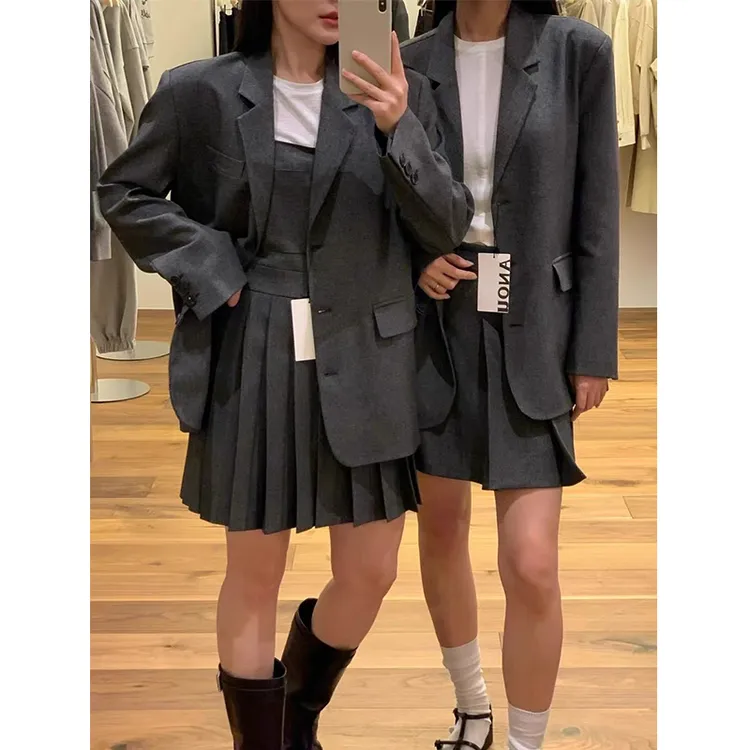 韩国东大门An*u小众高级感休闲通勤宽松小西装 百褶背带裙短裙