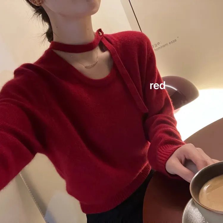 挂脖飘带过年红色套头毛衣秋冬女装小心机内搭打底针织衫洋气上衣