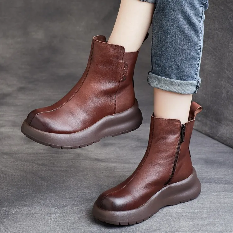 2025年秋冬新款牛皮圆头厚底坡跟短靴马丁靴女靴坡跟靴子女