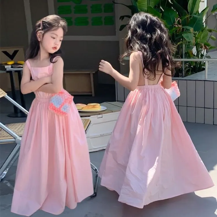 新款Ins度假风童装2025夏女童露背连衣裙女宝气质款吊带公主长裙