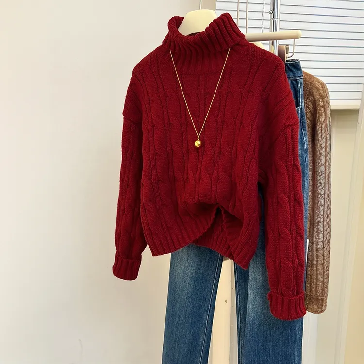 秋季服饰新年红色高领麻花毛衣女款时尚慵懒风宽松打底针织衫上衣