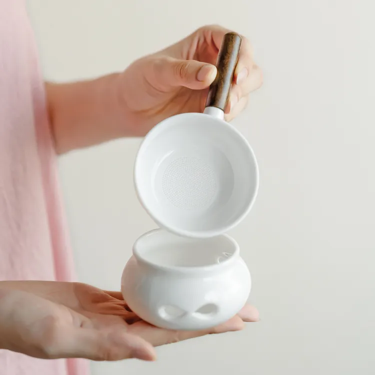 德白羊脂玉白瓷黑檀木侧把茶漏茶叶过滤网泡茶神器公道杯一体滤茶