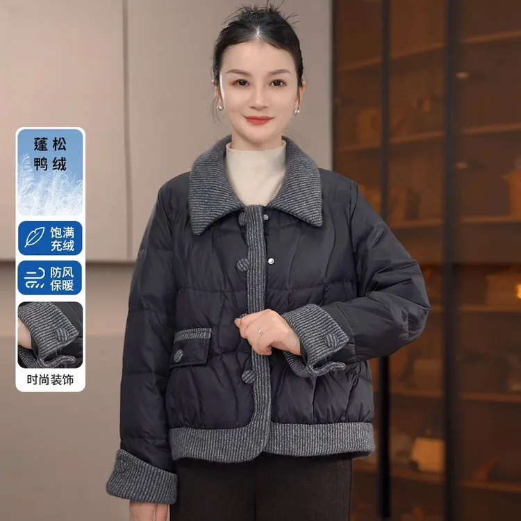 妈妈装羽绒服翻领显瘦拼接外套气质时尚休闲百搭秋冬加厚上衣