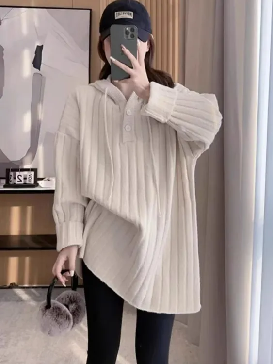 韩剧穿搭温柔减龄纯色毛衣女秋冬宽松慵懒中长款针织帽衫内搭上衣