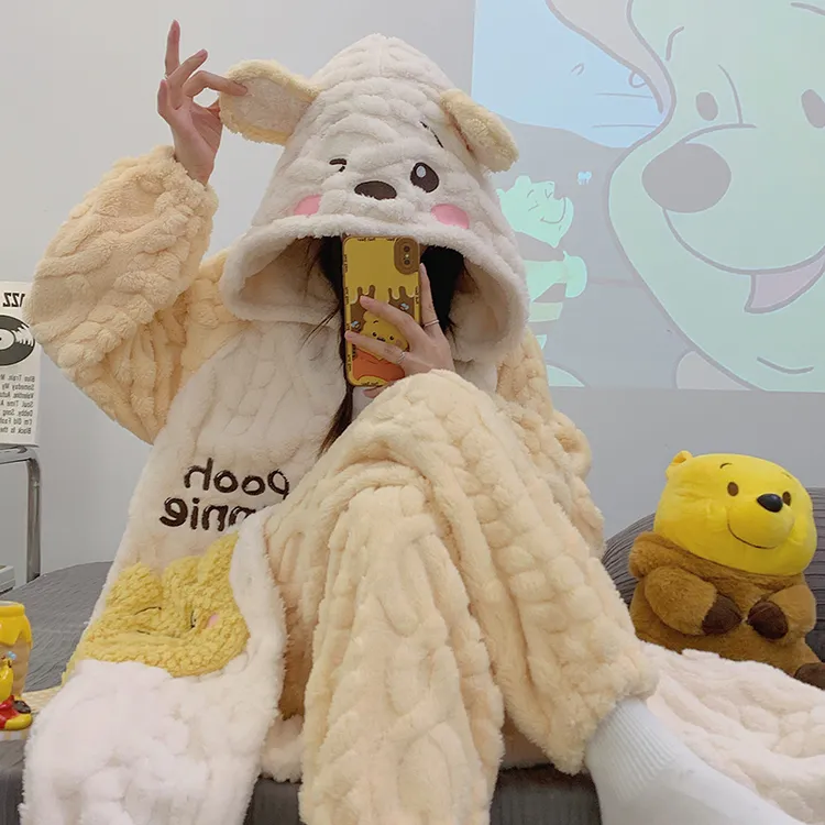 运补『维尼熊』秋冬冬天连帽睡袍少女冬季加厚加绒毛茸茸睡衣家居服