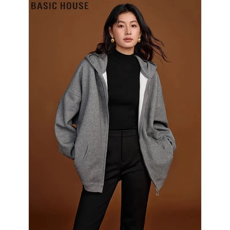 Basic House/百家好简约宽松灰色连帽卫衣拉链开衫运动外套女秋冬