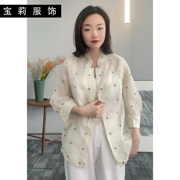 2023夏季新款重工刺绣欧根纱真丝设计感开衫长袖上衣JH5607