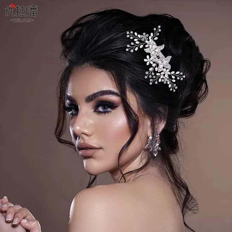 优拉潘日式新娘盘发银色珍珠水钻发饰唯美合金花朵闪钻发梳 HP296