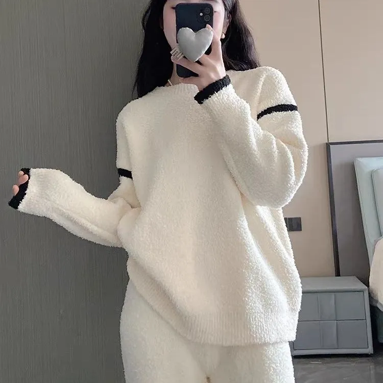 半边绒睡衣毛衣女秋冬款2025新款套头极简居家秋冬季套装针织衫