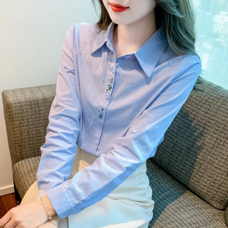 春秋季2025年新款女装时尚减龄纯棉衬衫女士洋气职业衬衣刺绣上衣