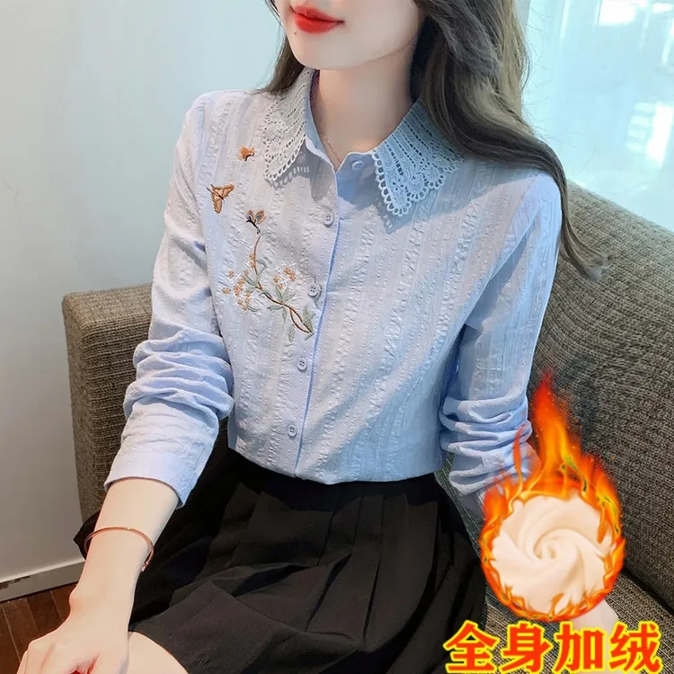 秋冬季2025新款女装减龄刺绣纯棉衬衫女长袖全棉女士加绒加厚上衣