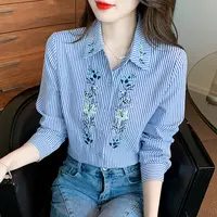 条纹长袖polo衬衫春秋季2025年新款女装时尚女士衬衣刺绣上衣洋气